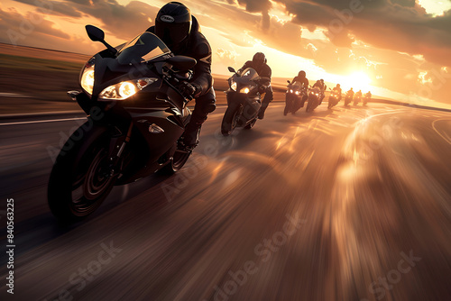 A group of super sport motorcycle riders speeding down a scenic highway at sunset  capturing the thrill and freedom of the open road