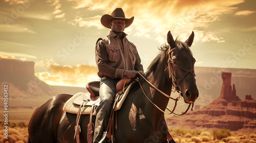 Black cowboy on horseback in a desert, wearing a cowboy hat, evoking adventure and strength against a sunset sky.