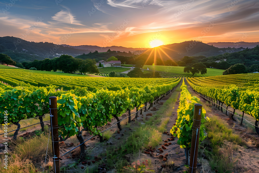 Naklejka premium A scenic vineyard at sunset with rows of grapevines and a farmhouse in the distance, capturing the tranquility and beauty of rural life