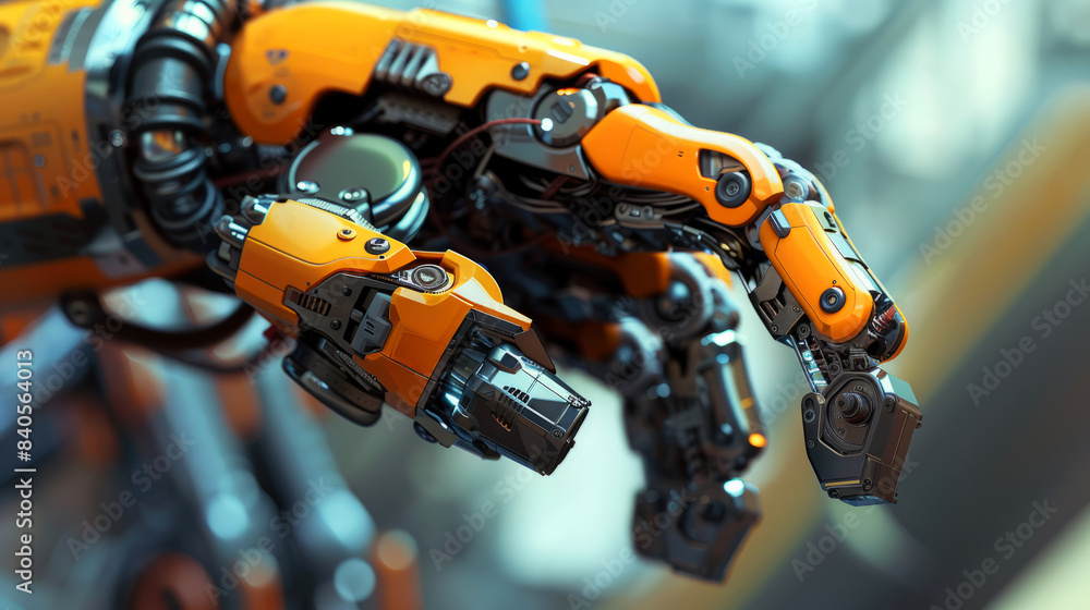 Close-up of a high-tech robotic arm with intricate mechanical components and a vibrant orange exterior in a futuristic setting. Close-up of a high-tech robotic arm with intricate mechanical components and a vibrant orange exterior in a futuristic setting.