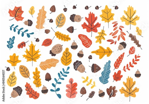 The hand drawn modern set includes autumn leaves  acorns and chestnuts. Flat design. Stamp texture. All elements are isolated.