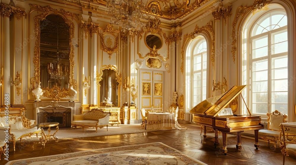 Fototapeta premium opulent rococostyle palace interior with exquisite gold accents and elegant decor showcasing the grandeur and luxury of a bygone era