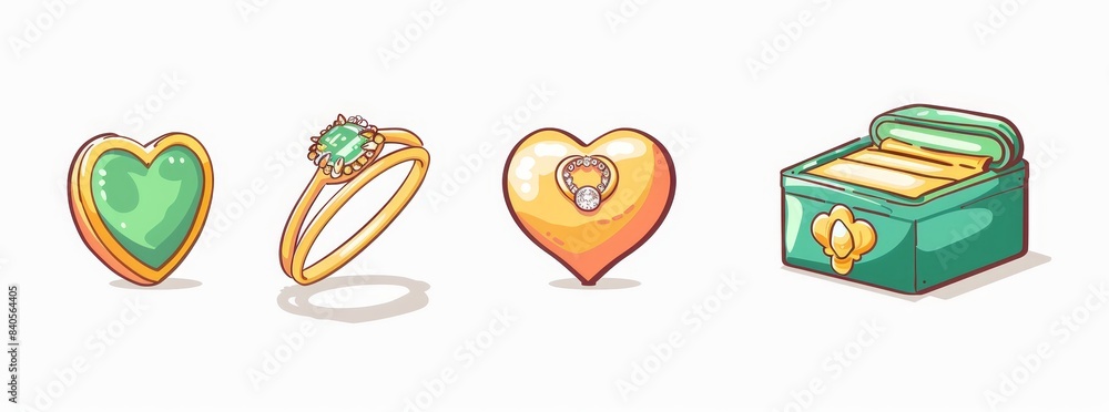 Three isolated cards with a golden heart-shaped locket, engagement rings and a proposal concept. Hand drawn modern modern illustrations. Three isolated cards with a golden heart-shaped locket, engagement rings and a proposal concept. Hand drawn modern modern illustrations.