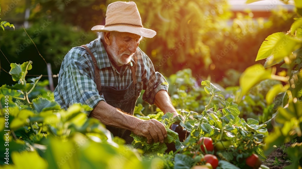 organic farming lifestyle elderly farmer harvesting fresh produce in sunlit garden sustainable agriculture concept