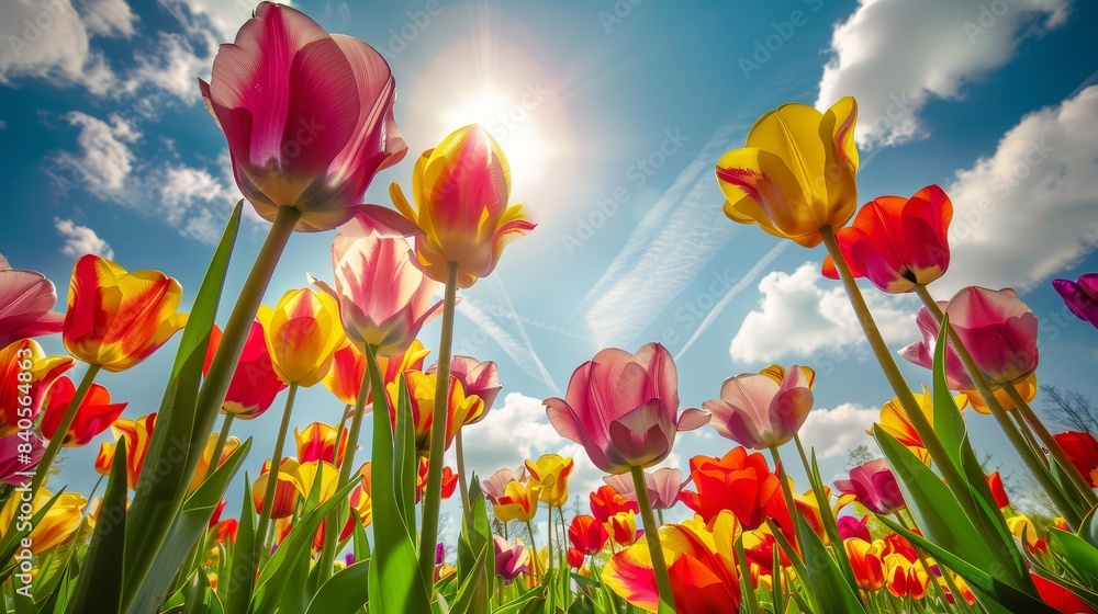 Fototapeta premium A beautiful desktop wallpaper capturing a vibrant tulip field in full bloom, with rich, saturated colors and clear, detailed flowers under a bright sky. An inspiring and cheerful scene