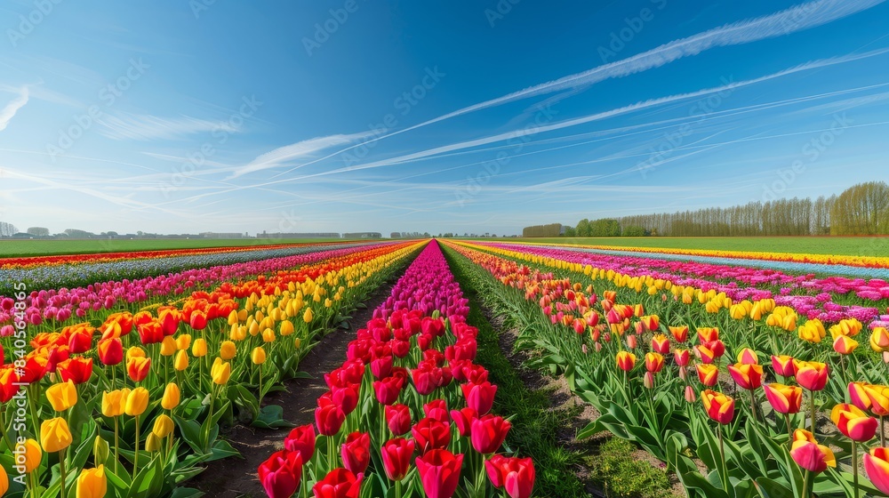 A breathtaking view of a vibrant tulip field in full bloom, with rows of colorful tulips stretching to the horizon under a clear blue sky. Perfect for a stunning desktop wallpaper A breathtaking view of a vibrant tulip field in full bloom, with rows of colorful tulips stretching to the horizon under a clear blue sky. Perfect for a stunning desktop wallpaper