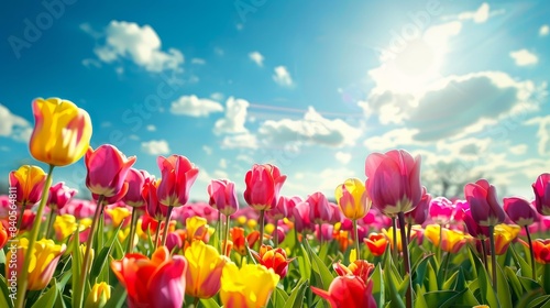 A beautiful desktop wallpaper capturing a vibrant tulip field in full bloom  with rich  saturated colors and clear  detailed flowers under a bright sky. An inspiring and cheerful scene