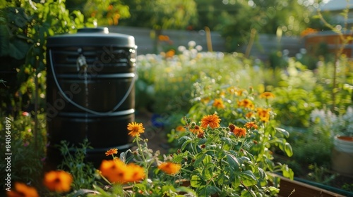 Lush Garden Thriving with Sustainable Rainwater Harvesting System   A serene image showcasing a rainwater collection and drip irrigation setup that nourishes a flourishing garden filled with diverse photo