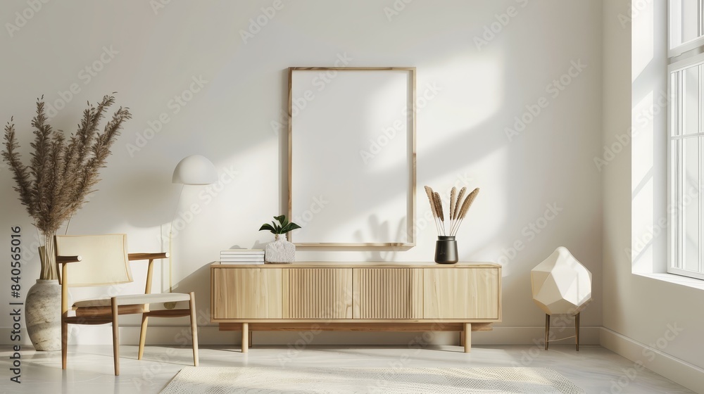 A modern living room with a rectangular frame mockup on a sleek wooden cabinet, surrounded by minimalist decor. Bright, natural light fills the space, creating a tranquil and contemporary atmosphere A modern living room with a rectangular frame mockup on a sleek wooden cabinet, surrounded by minimalist decor. Bright, natural light fills the space, creating a tranquil and contemporary atmosphere