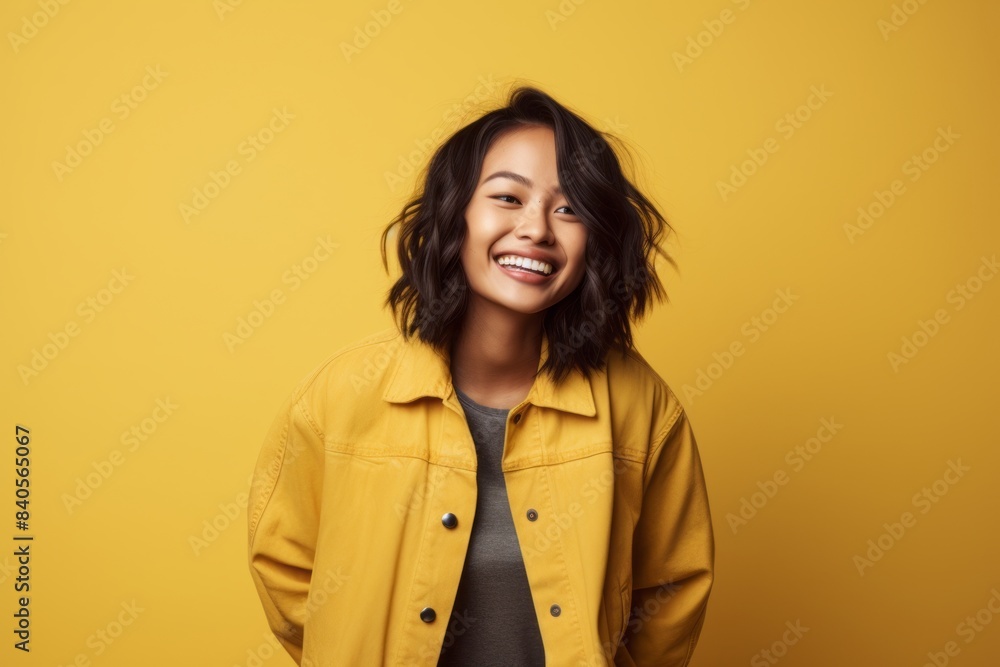 Portrait of a smiling asian woman in her 20s sporting a rugged denim jacket on soft yellow background Portrait of a smiling asian woman in her 20s sporting a rugged denim jacket on soft yellow background