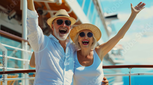 Retired senior couple enjoying a cruise vacation, wearing sunglasses and hats, laughing and celebrating on the ship's deck. photo