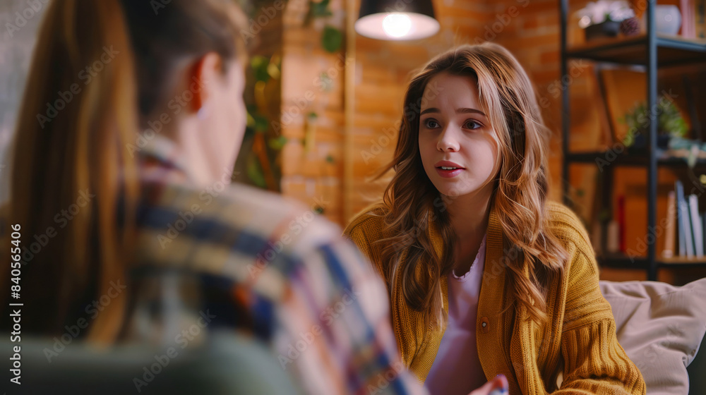 School counselor talking with a student in a comfortable, warmly lit room, supportive conversation, mental health School counselor talking with a student in a comfortable, warmly lit room, supportive conversation, mental health