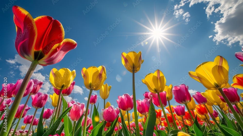 Obraz premium A stunning desktop wallpaper featuring a vibrant tulip field in full bloom, showcasing a mix of red, yellow, and pink tulips under the bright sun. Crisp and vivid colors for a lively display