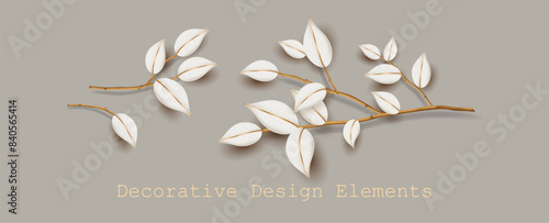 A set of decorative twigs with white and gold leaves. . A collection of decorative design elements for greeting card or invitation