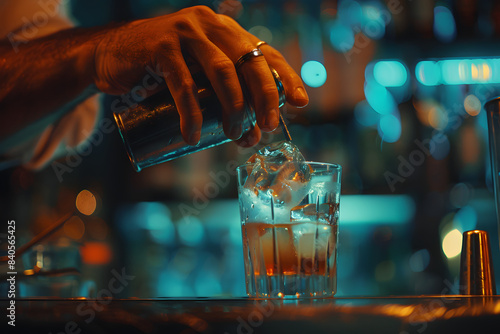 A close-up of a bartender s hands mixing a cocktail  with a blurred bar background providing plenty of copy space for mixology or nightlife content