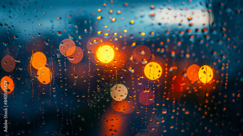 Closeup of raindrops on a windowpane  colorful bokeh lights