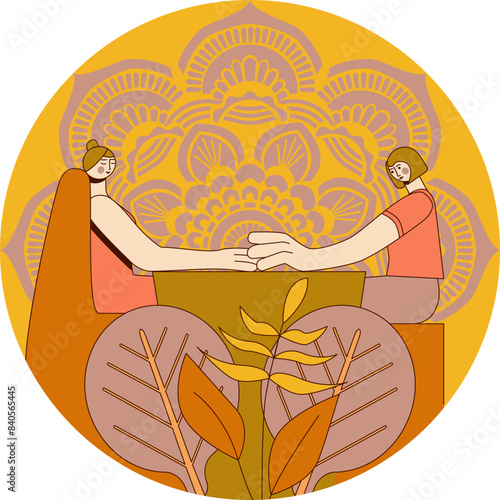 Manicure and hand-massage techniques. by professional manicurist in spa. SPA design concept.  Isolated flat vector illustration in circle shape.