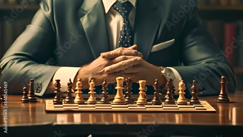 A poised businessman in a suit sits at a chessboard, ready for a strategic game, symbolizing thoughtful planning, decision-making, and intellectual challenge.