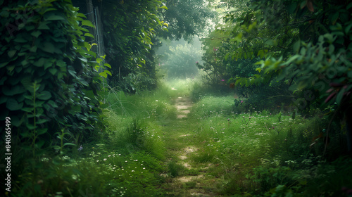 Overgrown path leading to nowhere  symbolizing lost direction and uncertainty