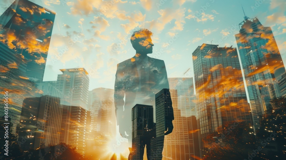 Man's silhouette overlaying urban sunset scene Man's silhouette overlaying urban sunset scene