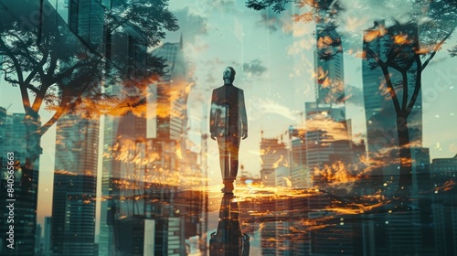 Businessman silhouette with cityscape during sunset