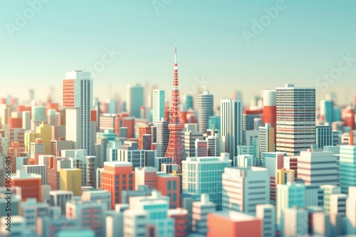 Anime city skyline flat design  top view  minimalist theme  3D render  Triadic Color Scheme