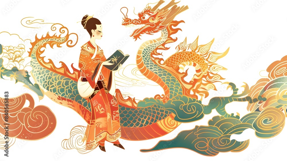 Captivating Chinese Dragon Shadow Puppet with Child Reading Ancient Book in Ornamental Captivating Chinese Dragon Shadow Puppet with Child Reading Ancient Book in Ornamental