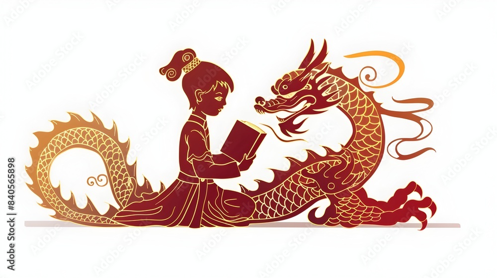 Chinese Shadow Puppetry Dragon Riding on a Reading Child with Ornate Patterns and Gold Foil Accents Chinese Shadow Puppetry Dragon Riding on a Reading Child with Ornate Patterns and Gold Foil Accents