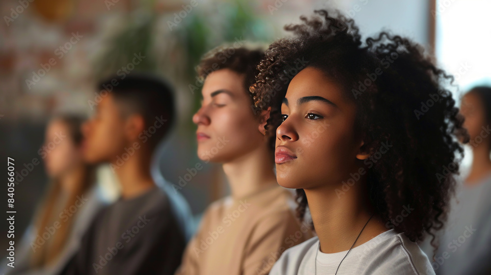 Young woman meditating in a group session with eyes closed, soft lighting, and diverse group in background. Young woman meditating in a group session with eyes closed, soft lighting, and diverse group in background.