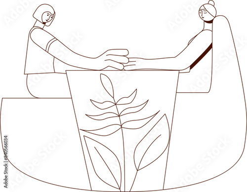 Manicure and hand-massage techniques. by professional manicurist in spa. SPA design concept. Contour drawing. Isolated vector illustration.