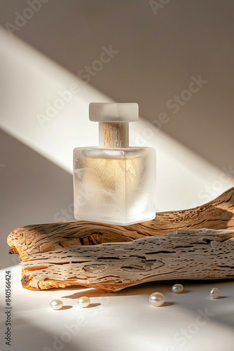 Close-up of a frosted glass perfume bottle placed on a piece of natural wood.