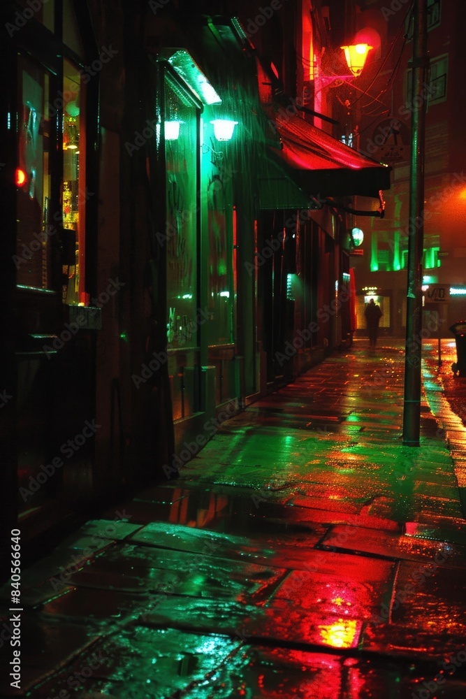 A street scene at night, illuminated by various colored gels, creating a vibrant and lively atmosphere with dynamic lighting effects. A street scene at night, illuminated by various colored gels, creating a vibrant and lively atmosphere with dynamic lighting effects.