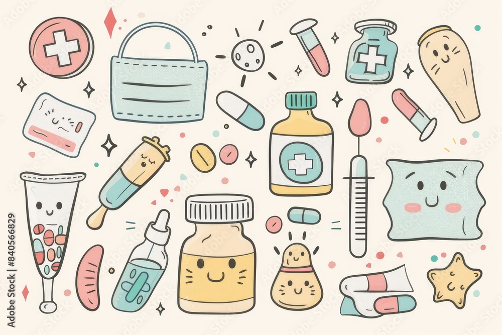 Medicine, pharmacy, hospital, drug store concept. Hand drawn modern set. Isolated illustrations. Drugs, pills, capsules, inhaler, tube, spray, mask, patch, syringe, bottles. Medicine, pharmacy, hospital, drug store concept. Hand drawn modern set. Isolated illustrations. Drugs, pills, capsules, inhaler, tube, spray, mask, patch, syringe, bottles.