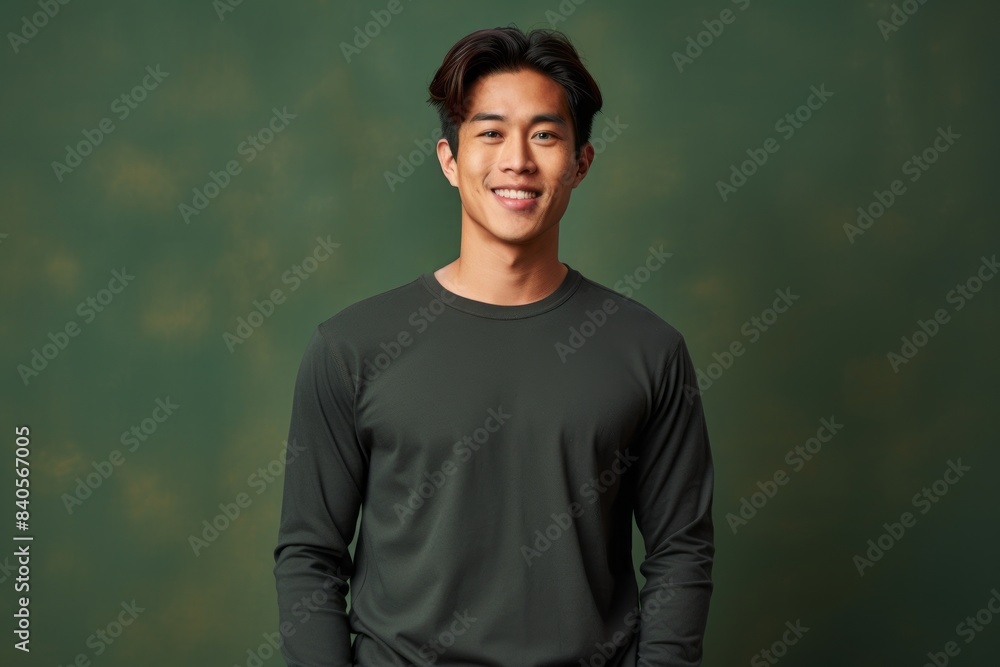 Portrait of a tender asian man in his 20s showing off a thermal merino wool top in front of soft green background Portrait of a tender asian man in his 20s showing off a thermal merino wool top in front of soft green background