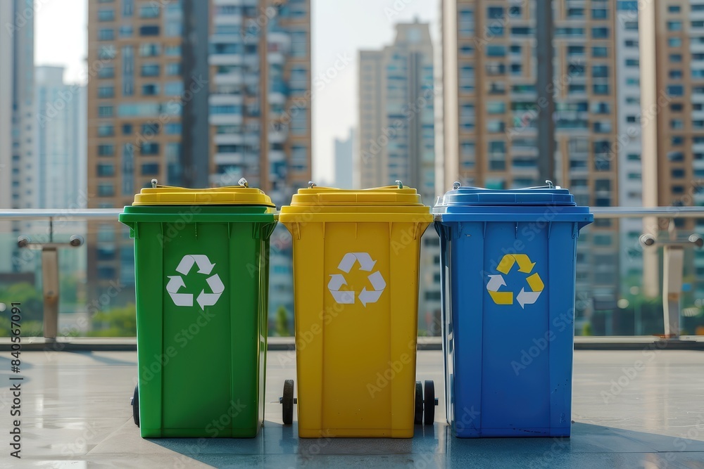 Container trash bin for recycling with city background. Yellow, green, blue bins for recycle plastic, paper and glass trash. Environmental awareness, recycling, waste management concept Container trash bin for recycling with city background. Yellow, green, blue bins for recycle plastic, paper and glass trash. Environmental awareness, recycling, waste management concept