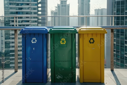 Container trash bin for recycling with city background. Yellow, green, blue bins for recycle plastic, paper and glass trash. Environmental awareness, recycling, waste management concept © Mamstock