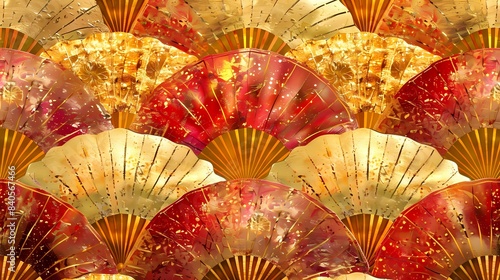 Red and gold oriental fan pattern texture poster background