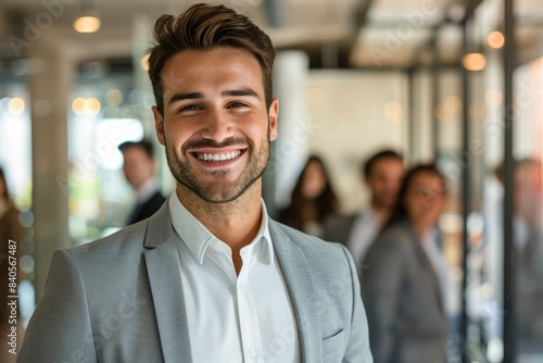 Boss Happy. Portrait of a Young Business Man Smiling in Office with Colleagues in Background