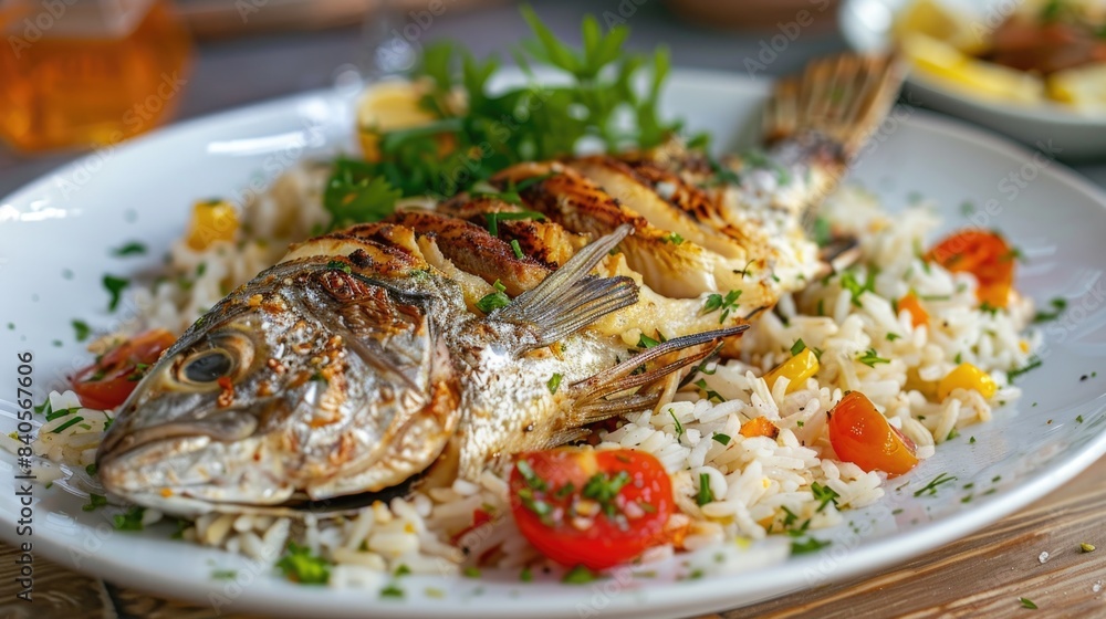 Fish and Rice. Grilled Fish with Rice and Vegetables for a Healthy Lunch Fish and Rice. Grilled Fish with Rice and Vegetables for a Healthy Lunch