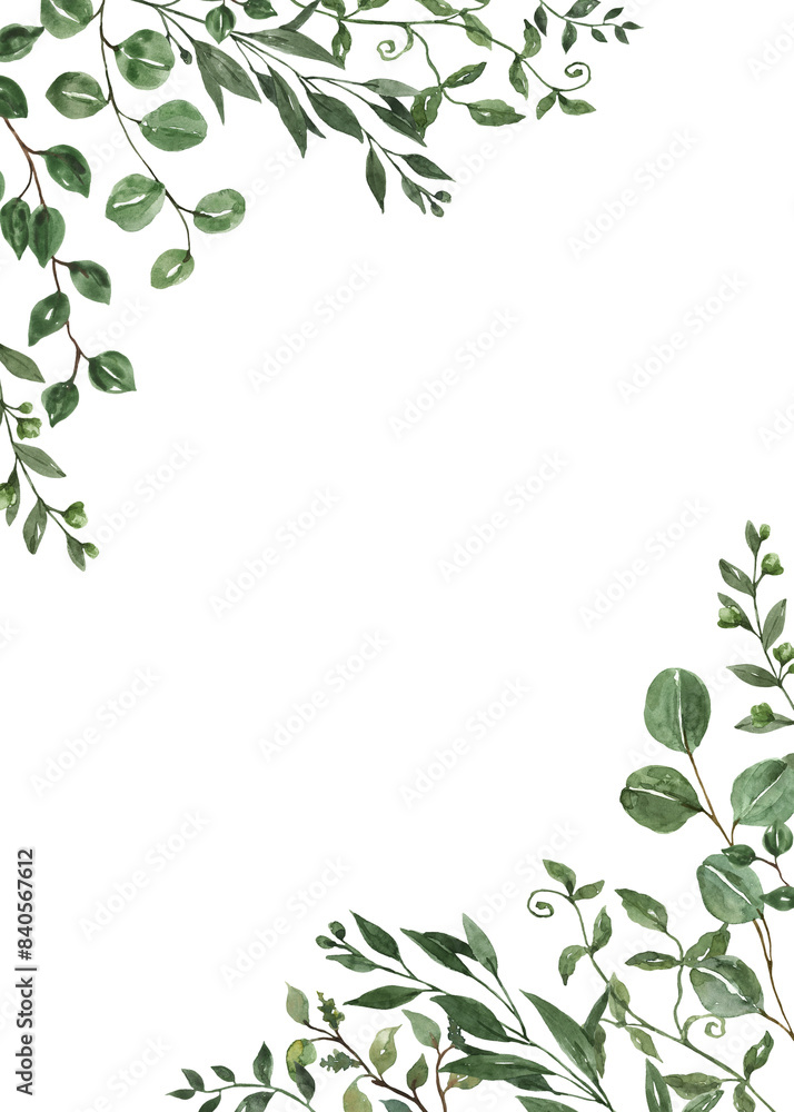 Floral wreath made of green leaves and foliage. Watercolor botanical corner border. Hand-painted illustration. PNG clipart. Floral wreath made of green leaves and foliage. Watercolor botanical corner border. Hand-painted illustration. PNG clipart.