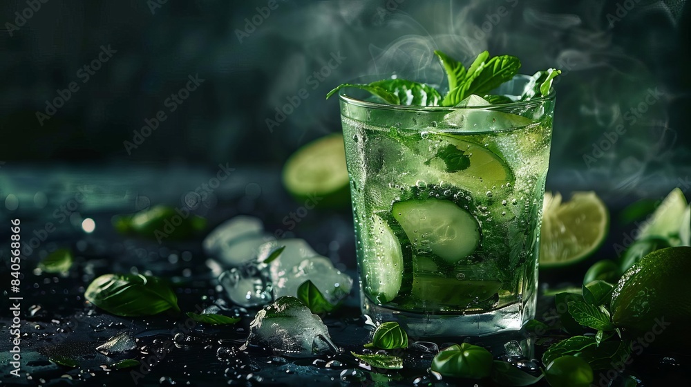 refreshing mojito cocktail with lime mint cucumber and basil dark background food photography refreshing mojito cocktail with lime mint cucumber and basil dark background food photography
