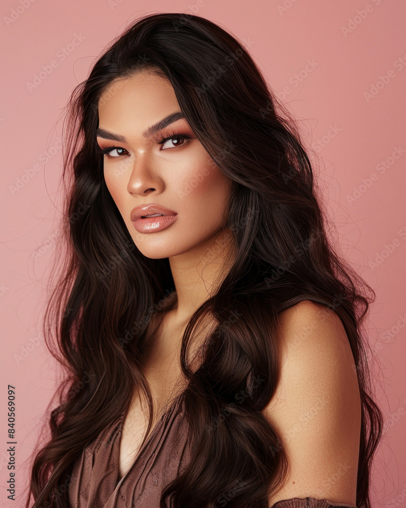 Glamorous woman, trans diva red lips and golden makeup. Elegant portrait with sparkling background Glamorous woman, trans diva red lips and golden makeup. Elegant portrait with sparkling background