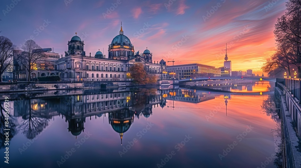 Obraz premium reichstag building reflecting in river spree at dawn berlin landmarks travel photo