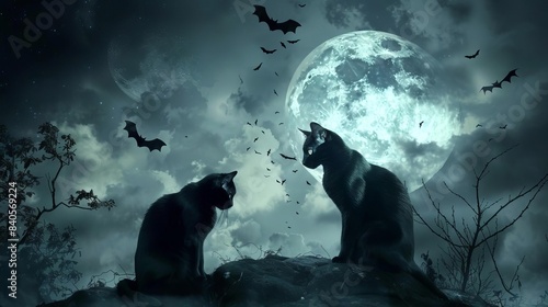 Black cats and bats in a spooky Halloween scene  with moonlight casting eerie shadows  adding a touch of traditional spookiness