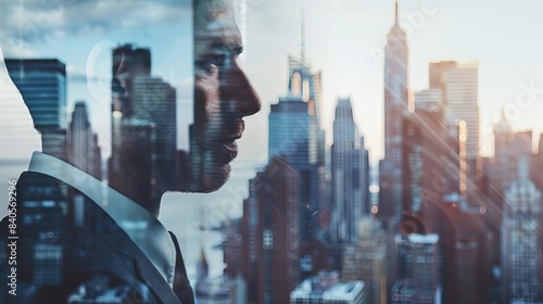 City skyline blending seamlessly with a thoughtful businessman's face photo