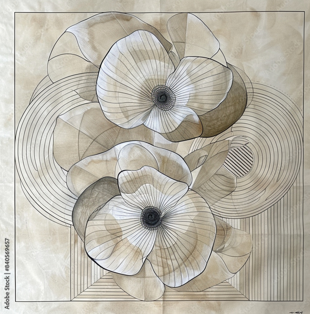 Obraz premium geometric beige floral linear drawing