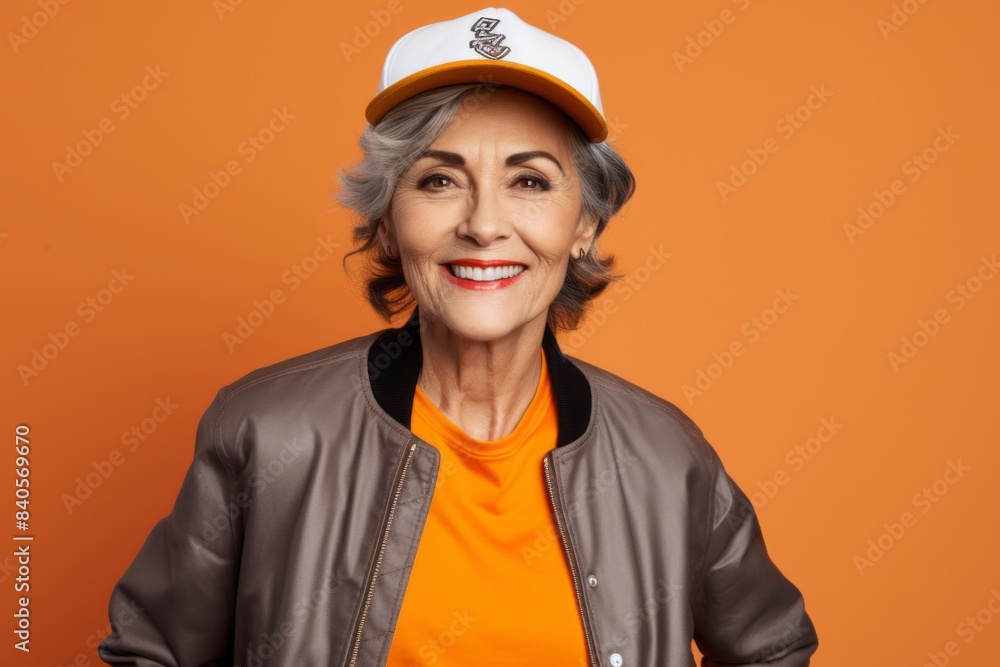 Portrait of a satisfied woman in her 60s sporting a stylish varsity jacket in front of soft orange background