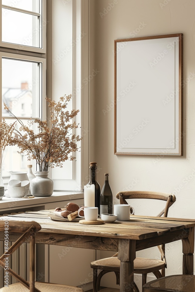 Cozy dining area with wooden furniture, table set with breakfast items, and framed blank poster on the wall, near a sunlit window. Cozy dining area with wooden furniture, table set with breakfast items, and framed blank poster on the wall, near a sunlit window.