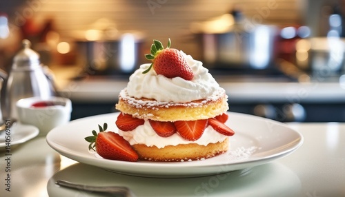 Strawberry shortcake with whipped cream dessert on a white plate  modern kitchen counter  close up  cinematic 