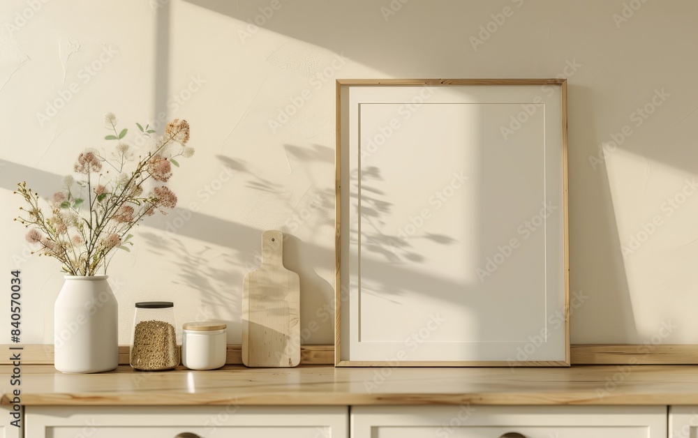 Minimalist interior scene with wooden frame, vases, and dried flowers on a light-colored cabinet, bathed in soft natural light. Minimalist interior scene with wooden frame, vases, and dried flowers on a light-colored cabinet, bathed in soft natural light.